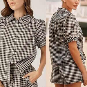 NEW Sundays Virginie Gingham Print Puff Sleeve Collared Shirt Black Size:Medium